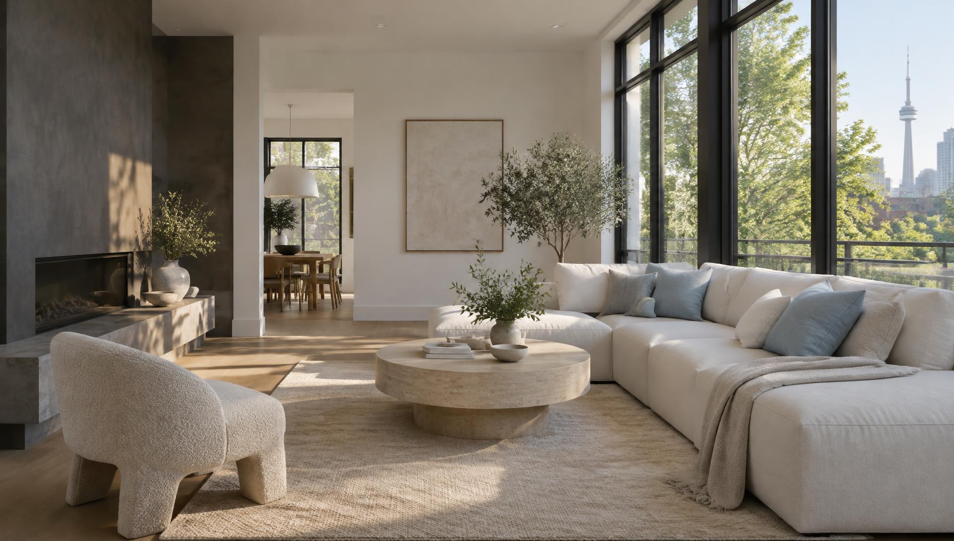 Immaculate Toronto living room with bright windows, pale blue cushions, and a view of the CN Tower
